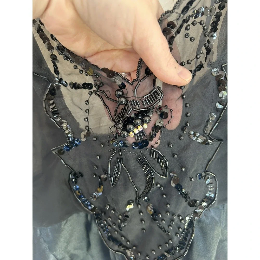 Vintage 80s Mara Black Sheer Satin Beaded‎ Teddy High Cut L Sequin Lingerie